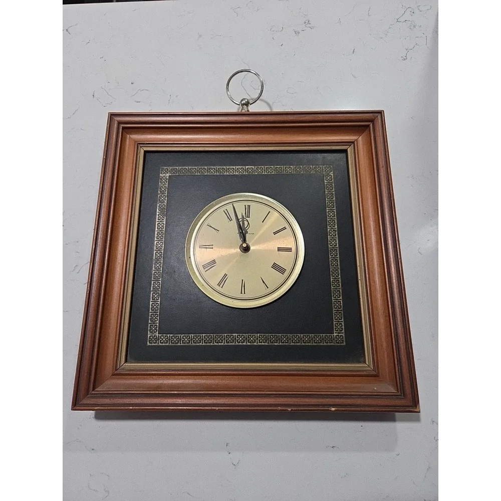 Vintage‎ MCM Gold / Black Waltham Wall Hanging Clock Square Wood Frame